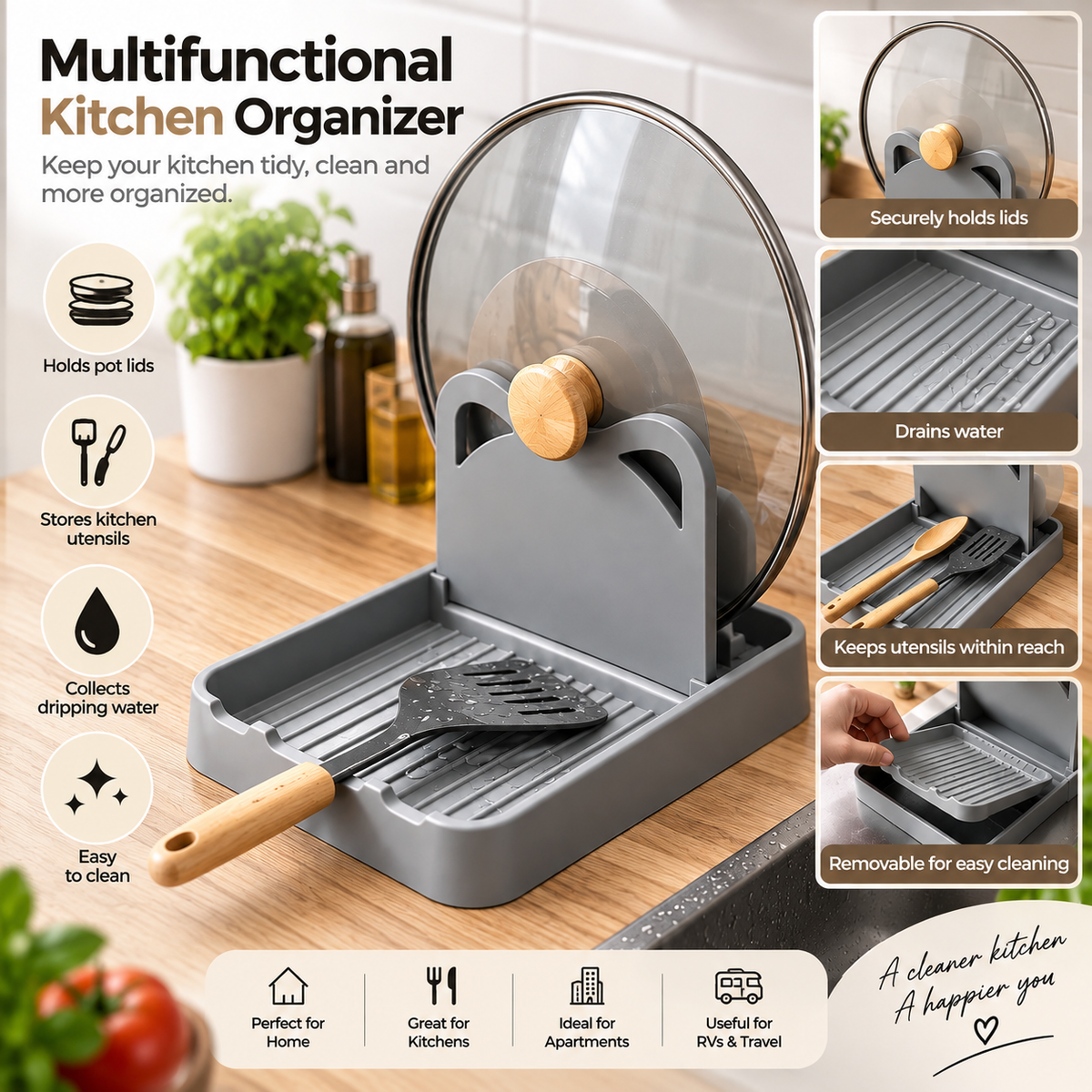 Silicone Spoon & Pot Lid Holder – Countertop Organizer