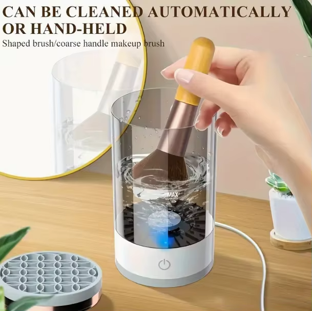 Makeup brush cleaner in use with removable brush holder